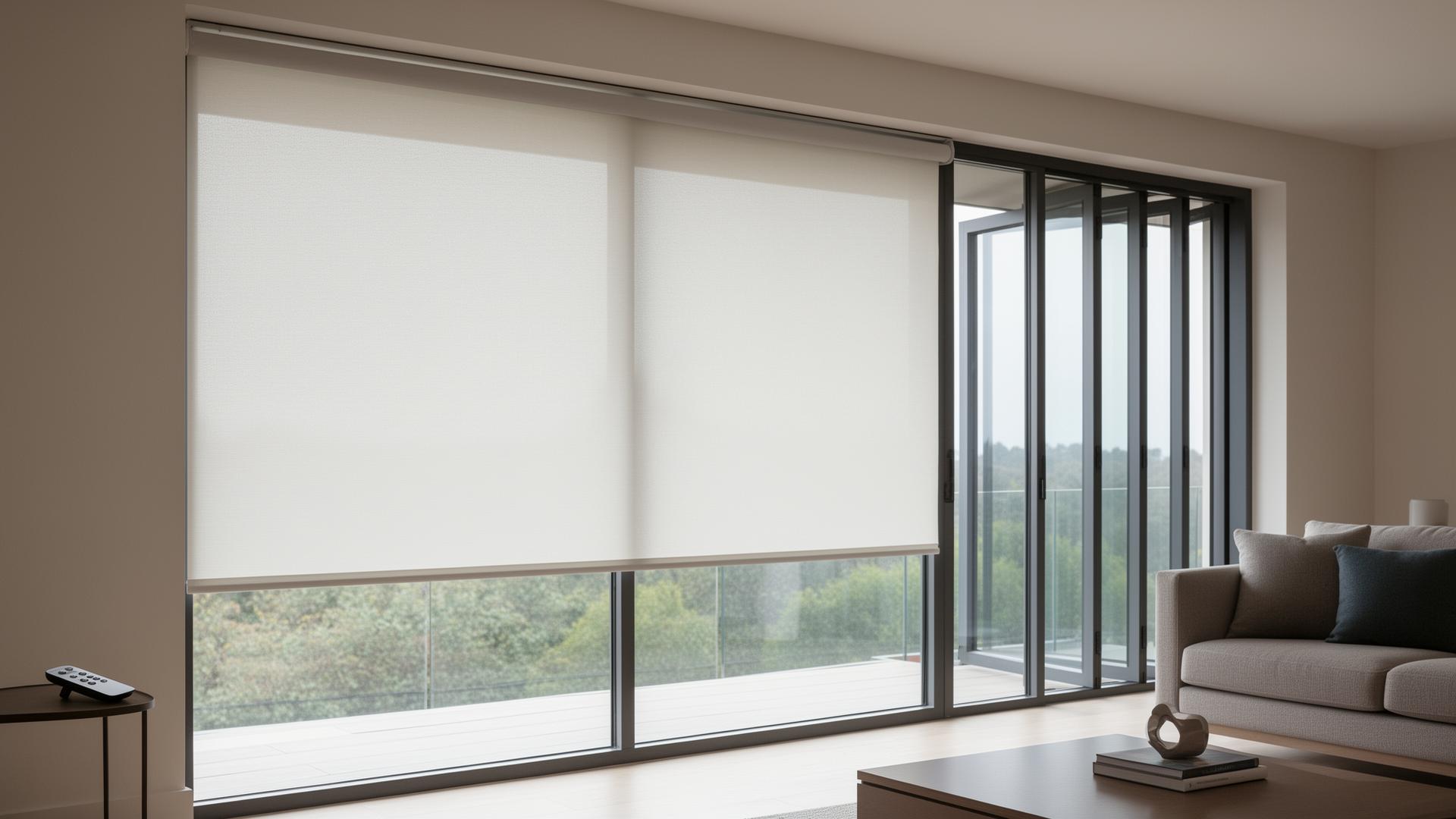Electric motorised roller blinds lowering across large patio doors with remote control by Shires Shutters