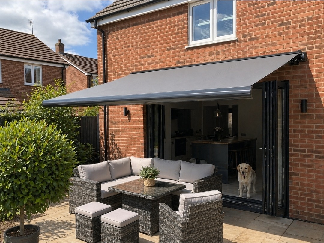 Shires Shutters installation, real awning grey bifold patio