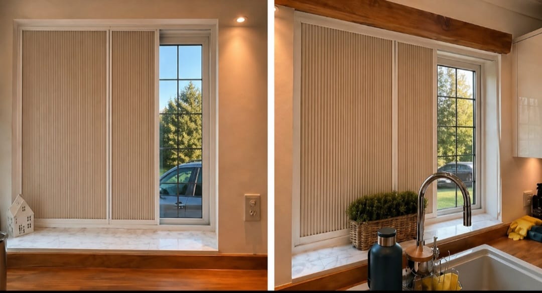 Shires Shutters installation, real pleated cream kitchen