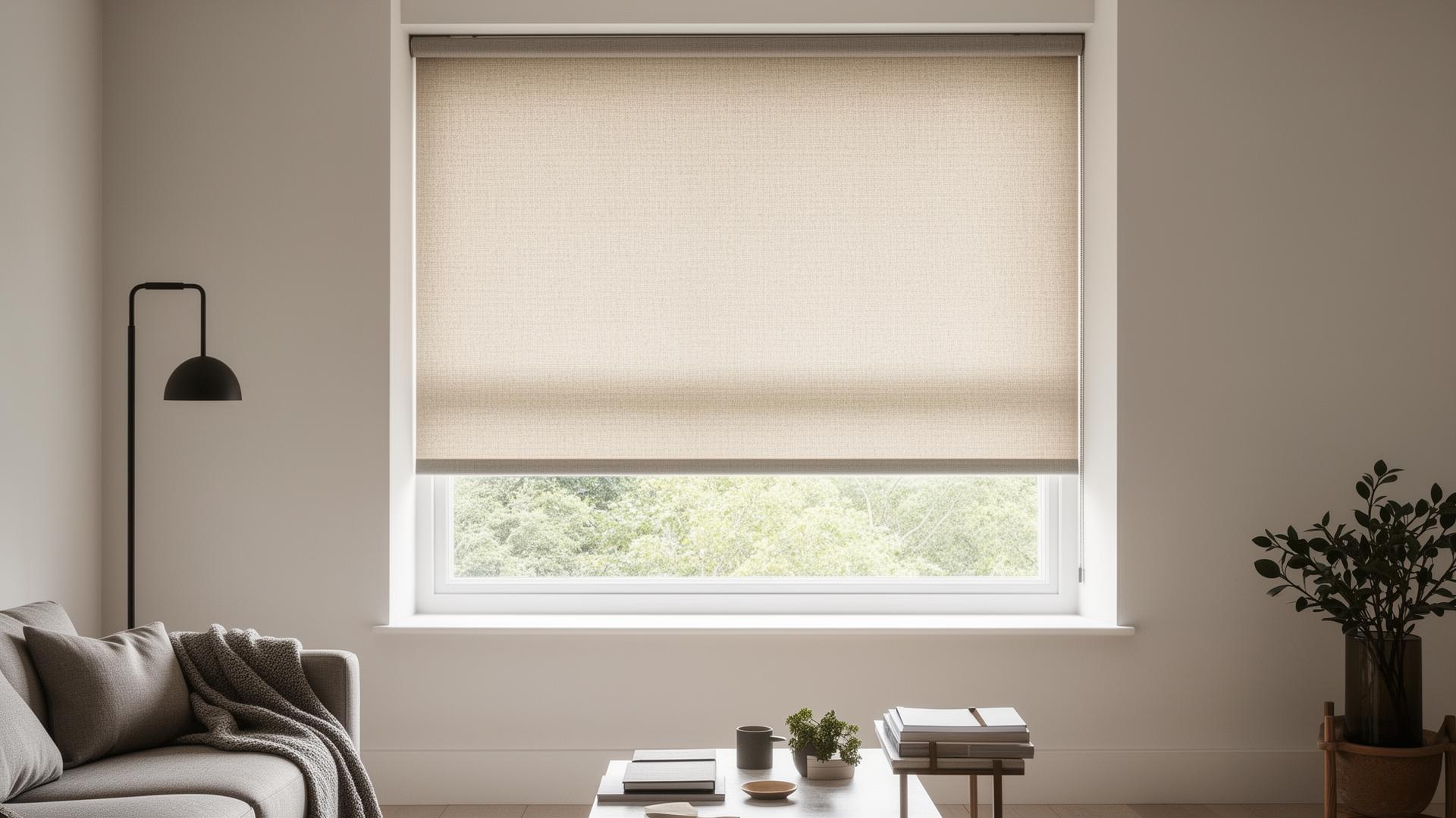 Made-to-measure neutral fabric roller blind half-lowered in a bright modern living room by Shires Shutters